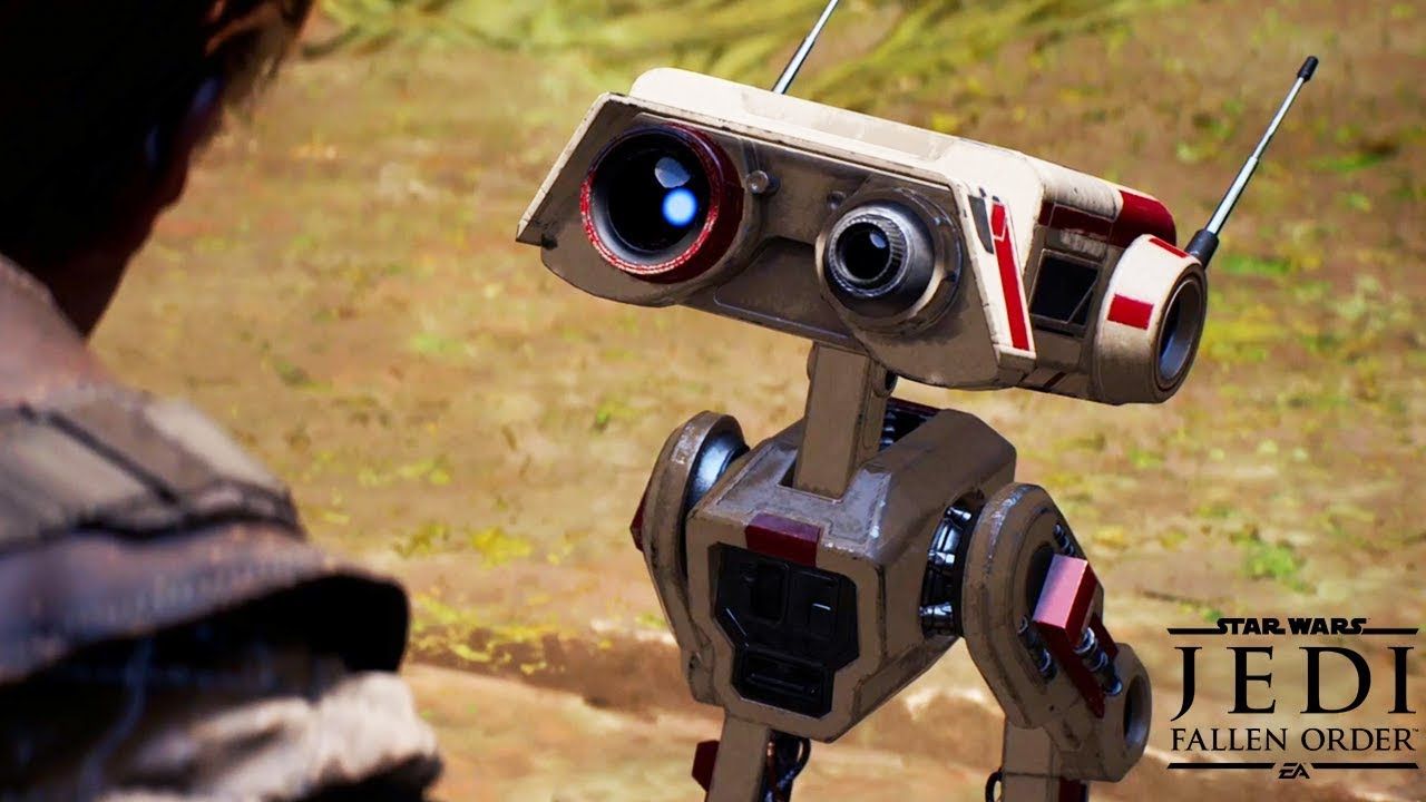 Screenshot from Star Wars Jedi: Fallen Order, with droid BD-1 looking at the game's protagonist.