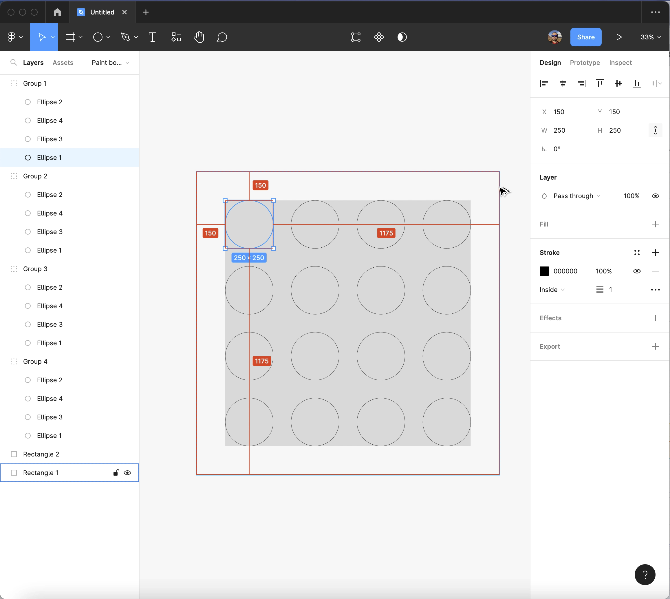 Screenshot of the program Figma, showing the hole layout that I worked out for venting the booth.