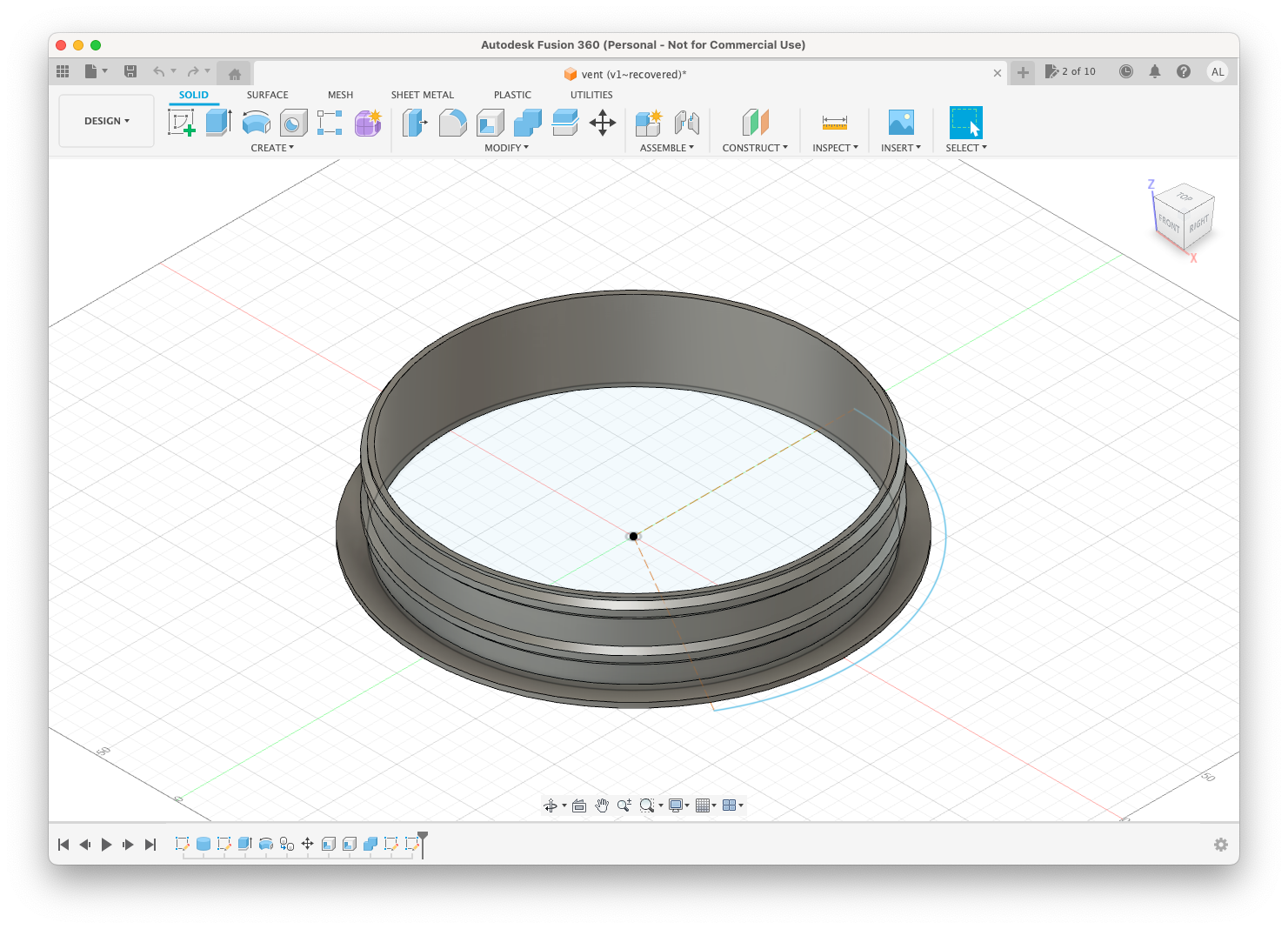 A screenshot of Autodesk Fusion 360, showing a duct ring in a 3/4 view.