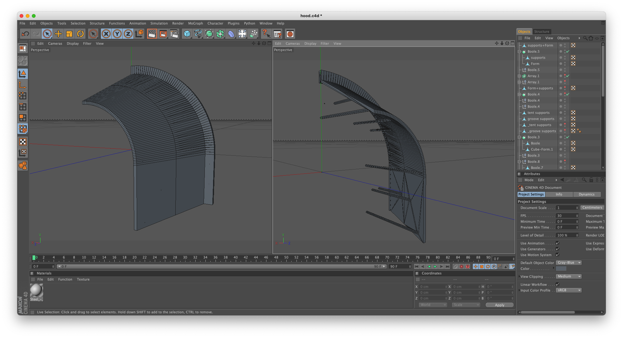 A screenshot of Cinema4D, showing half of the hood, with supports attached.
